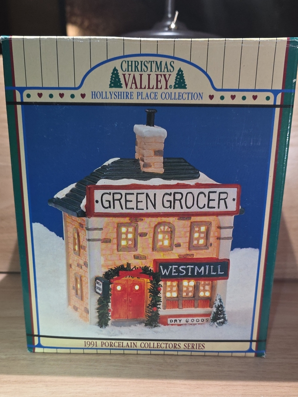 Vintage Porcelain Green Grocer Holiday Village Store- Red/White